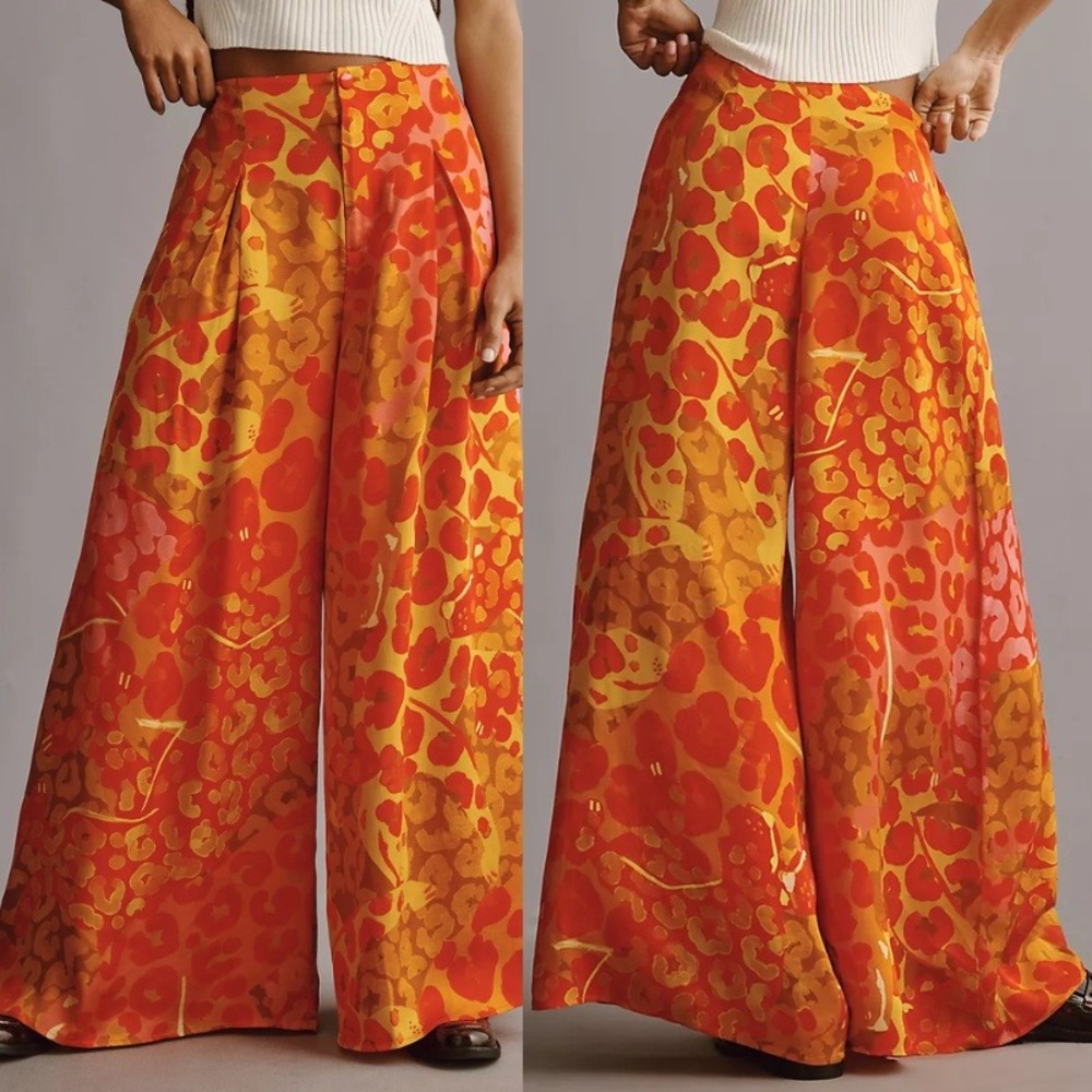 Farm Rio x Anthropologie Printed‎ Satin Wide-Leg Pants NWT Size L Pink Leopard - Picture 2 of 10